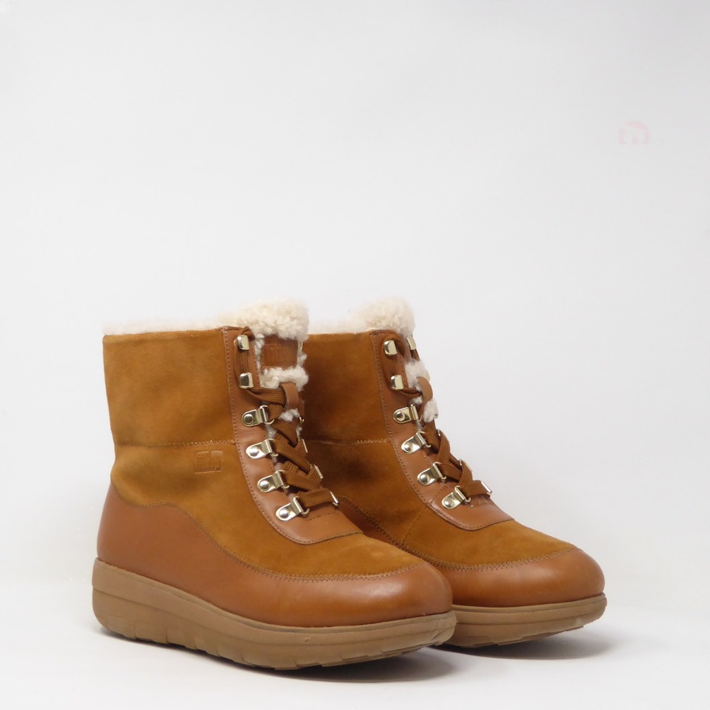 FitFlop Mukluk III Women Boots Brown Leather Suede Shearling Lined Lace Up 9
